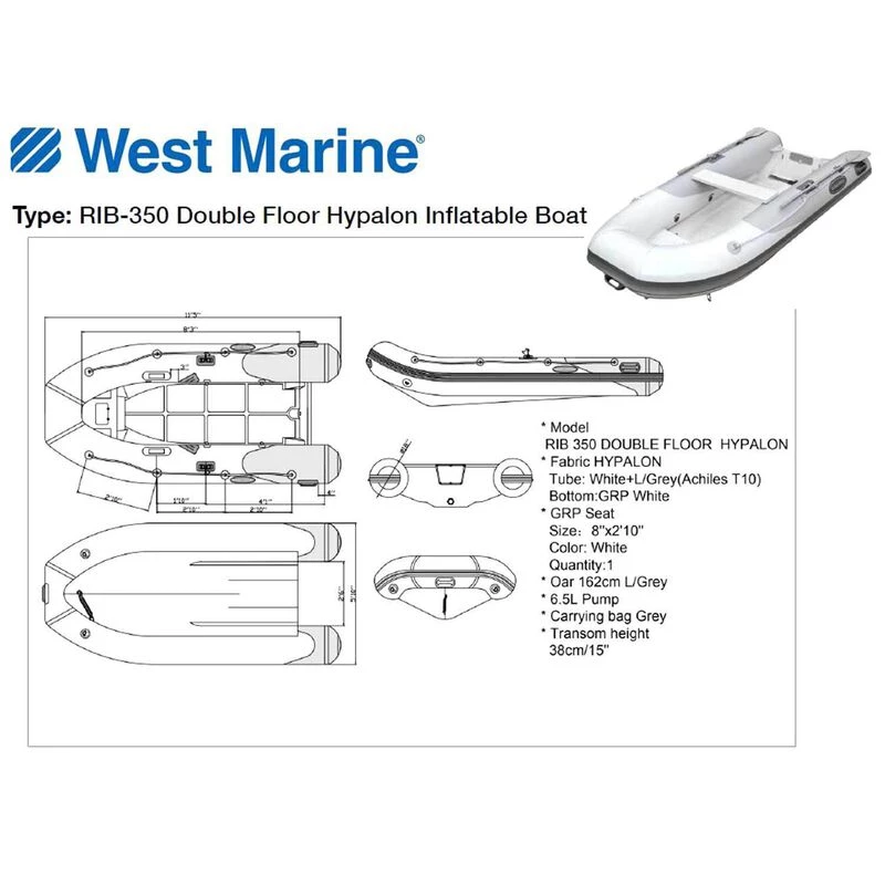WEST MARINE Inflatable Boats RIB-350 Double Floor Hypalon Inflatable Boat - Image 3